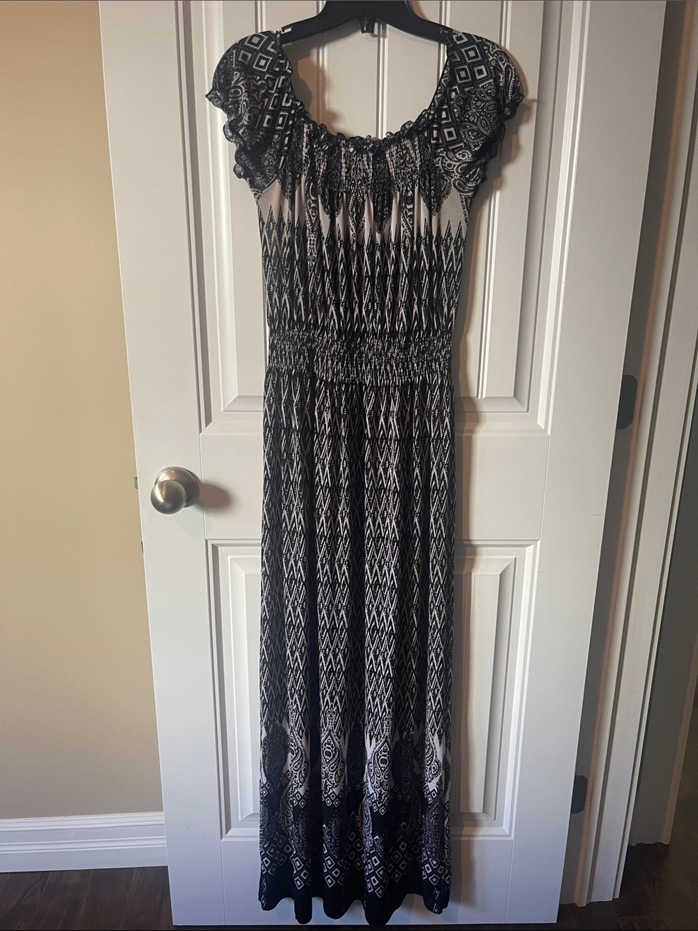 Black & White Printed Smocked Maxi Dress with Ruffle Sleeves